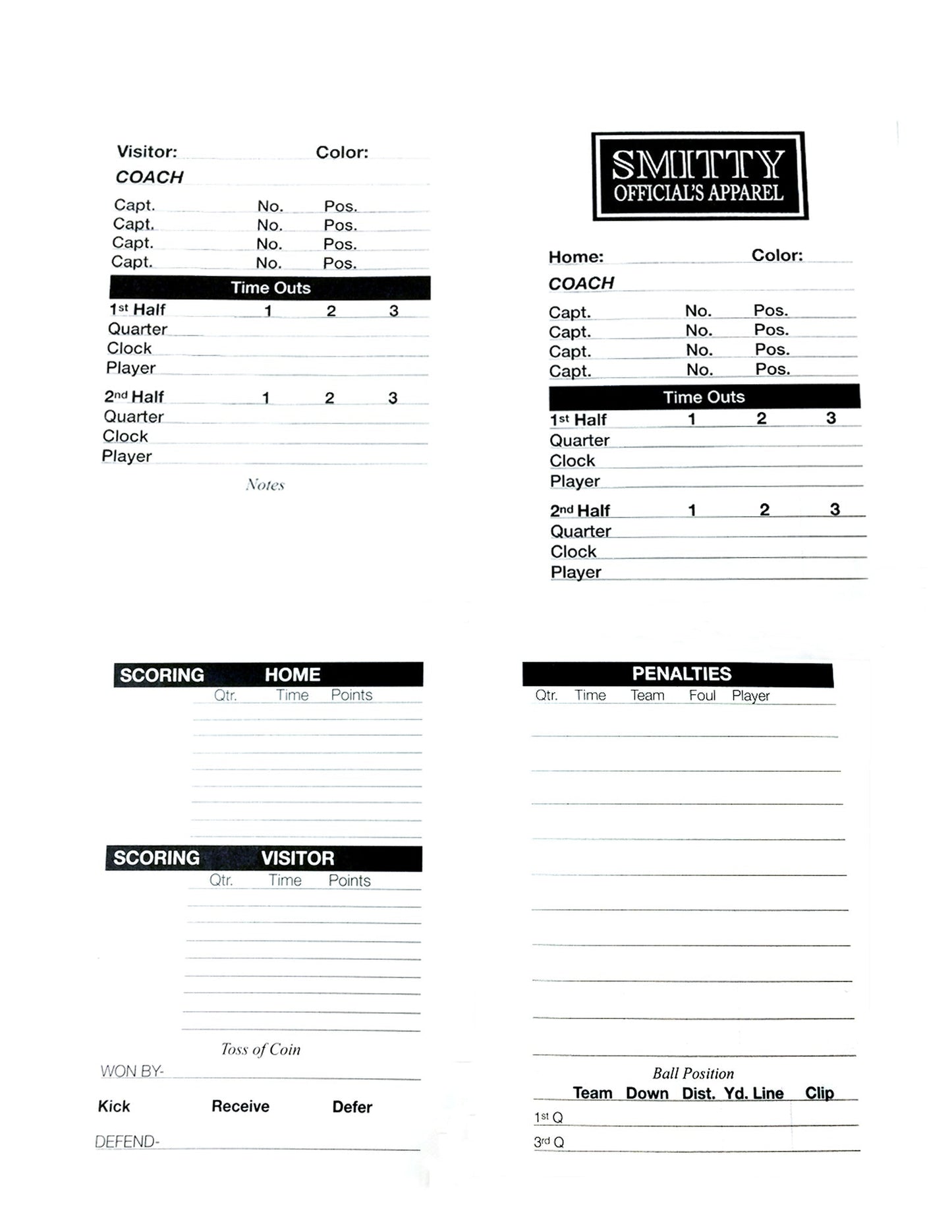 ACS533 - Smitty - Double Sided Football Game Card w/Penalty Recording