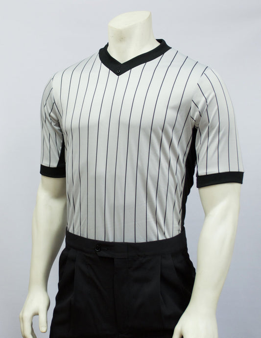BKS206 - Smitty Grey Elite Performance Interlock V-Neck Shirt w/ Black Pinstripe and Side Panel